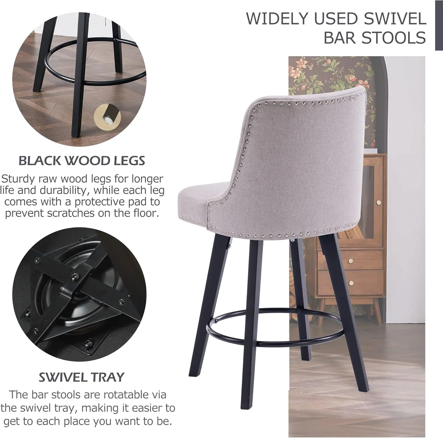 Modern Swivel Bar Stools Set of 2, Upholstered Counter Stools with Tufted High Back and Wood Legs Kitchen Stools Rivet Trim for Home/Restaurant, Light Beige
