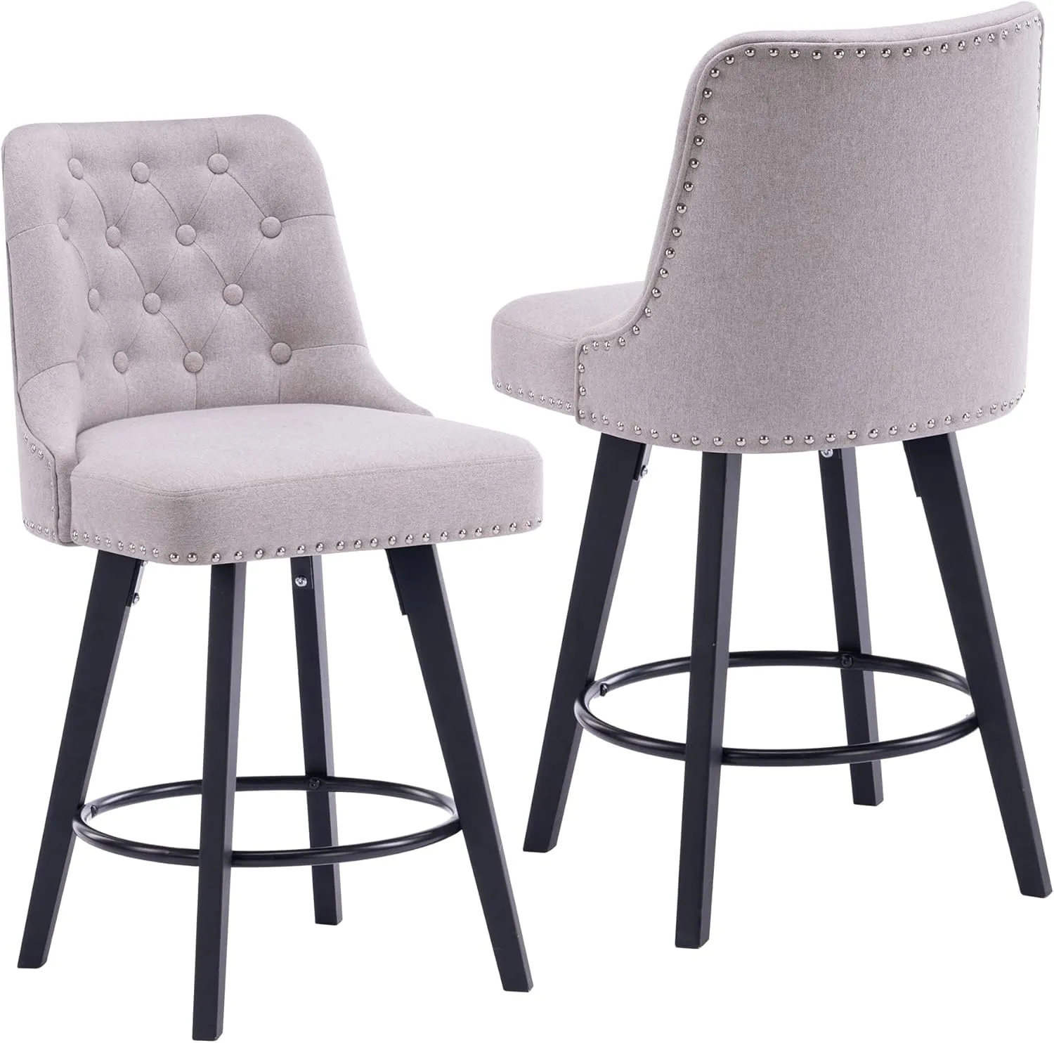 Modern Swivel Bar Stools Set of 2, Upholstered Counter Stools with Tufted High Back and Wood Legs Kitchen Stools Rivet Trim for Home/Restaurant, Light Beige