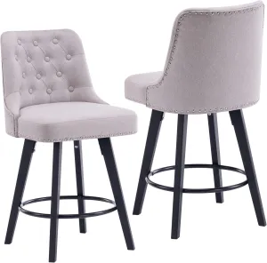 Modern Swivel Bar Stools Set of 2, Upholstered Counter Stools with Tufted High Back and Wood Legs Kitchen Stools Rivet Trim for Home/Restaurant, Light Beige