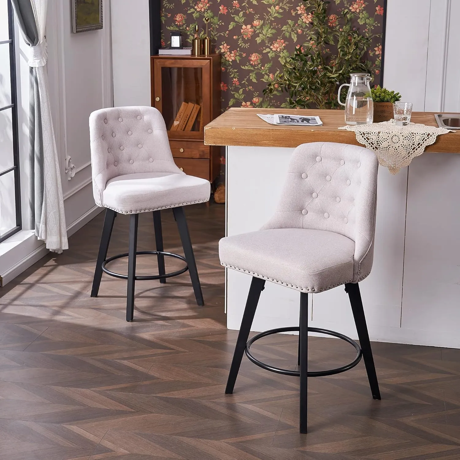 Modern Swivel Bar Stools Set of 2, Upholstered Counter Stools with Tufted High Back and Wood Legs Kitchen Stools Rivet Trim for Home/Restaurant, Light Beige