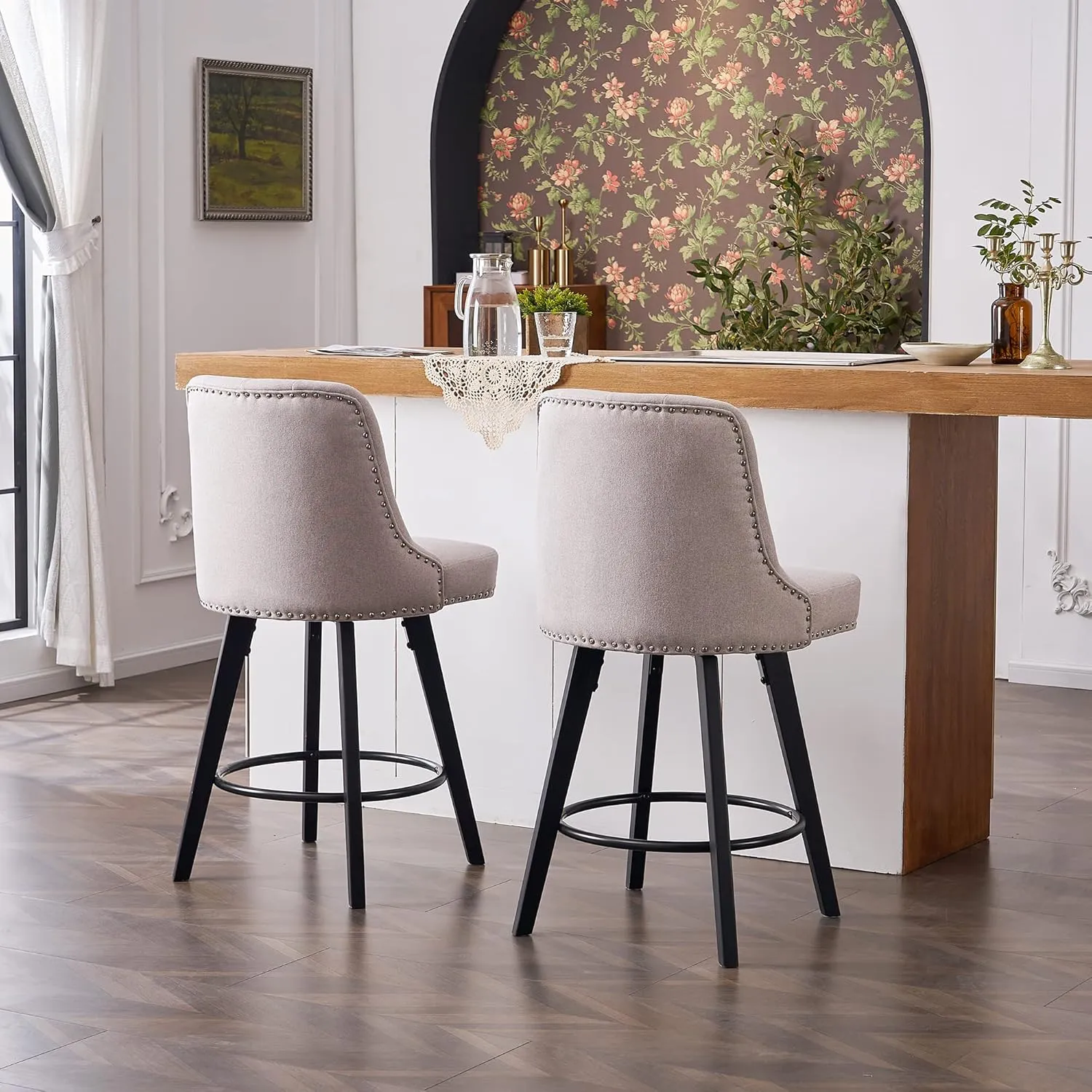 Modern Swivel Bar Stools Set of 2, Upholstered Counter Stools with Tufted High Back and Wood Legs Kitchen Stools Rivet Trim for Home/Restaurant, Light Beige
