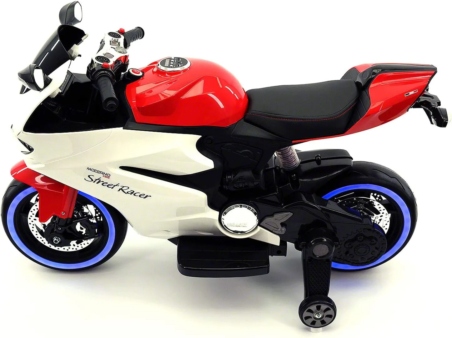 Moderno Kids Street Racer 12V Battery Power Motorized Electric Children Ride-On Motorcycle Bike   EVA Rubber Tires   Leather Seat   MP3 USB Music Player   LED Lights   Training Wheels
