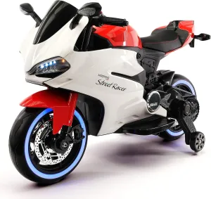 Moderno Kids Street Racer 12V Battery Power Motorized Electric Children Ride-On Motorcycle Bike   EVA Rubber Tires   Leather Seat   MP3 USB Music Player   LED Lights   Training Wheels