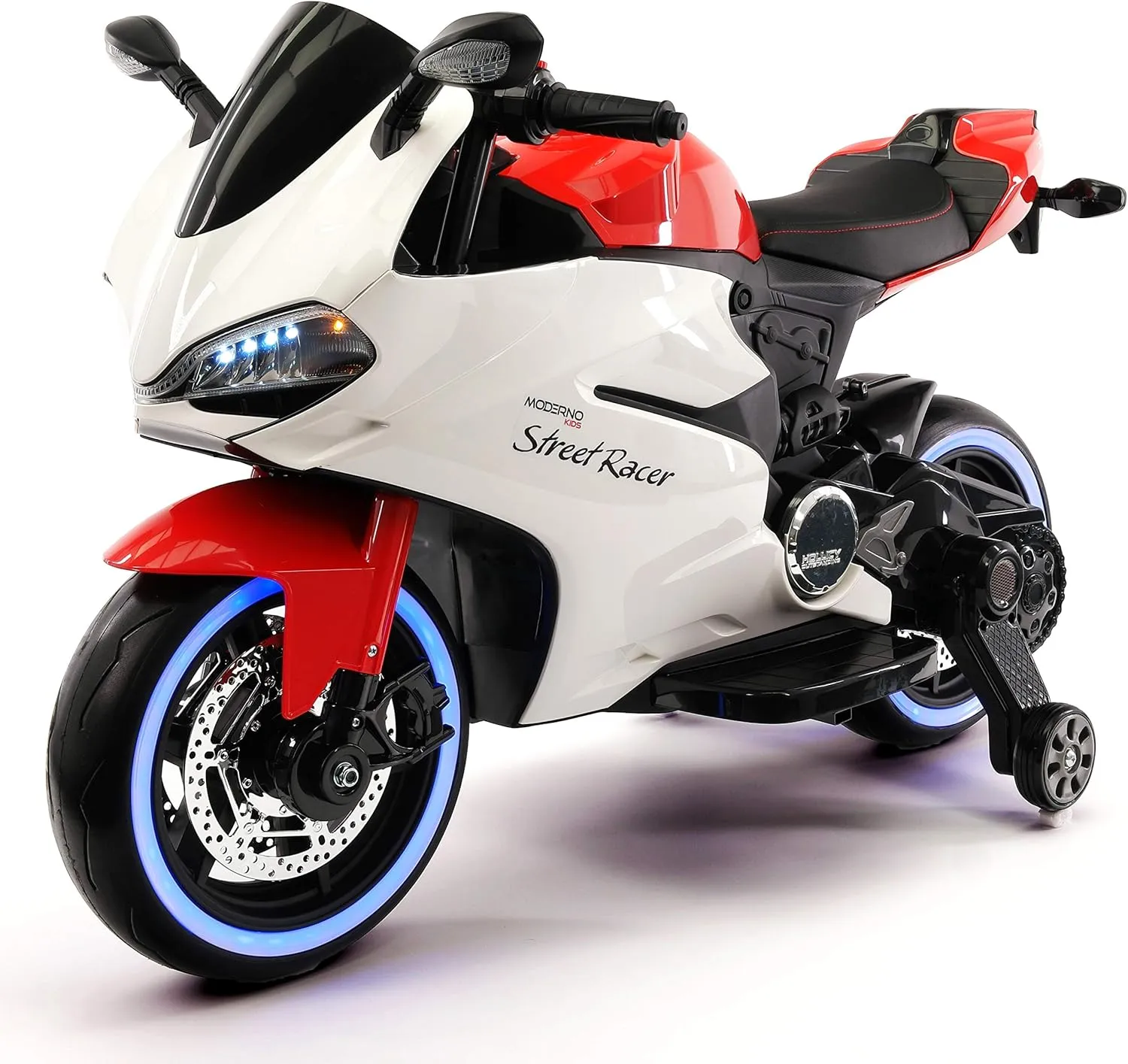Moderno Kids Street Racer 12V Battery Power Motorized Electric Children Ride-On Motorcycle Bike   EVA Rubber Tires   Leather Seat   MP3 USB Music Player   LED Lights   Training Wheels