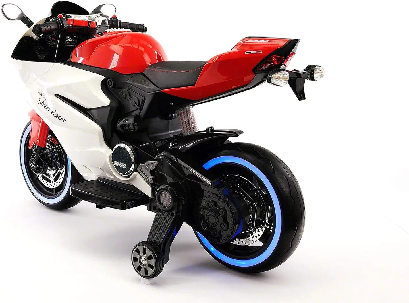 Moderno Kids Street Racer 12V Battery Power Motorized Electric Children Ride-On Motorcycle Bike   EVA Rubber Tires   Leather Seat   MP3 USB Music Player   LED Lights   Training Wheels