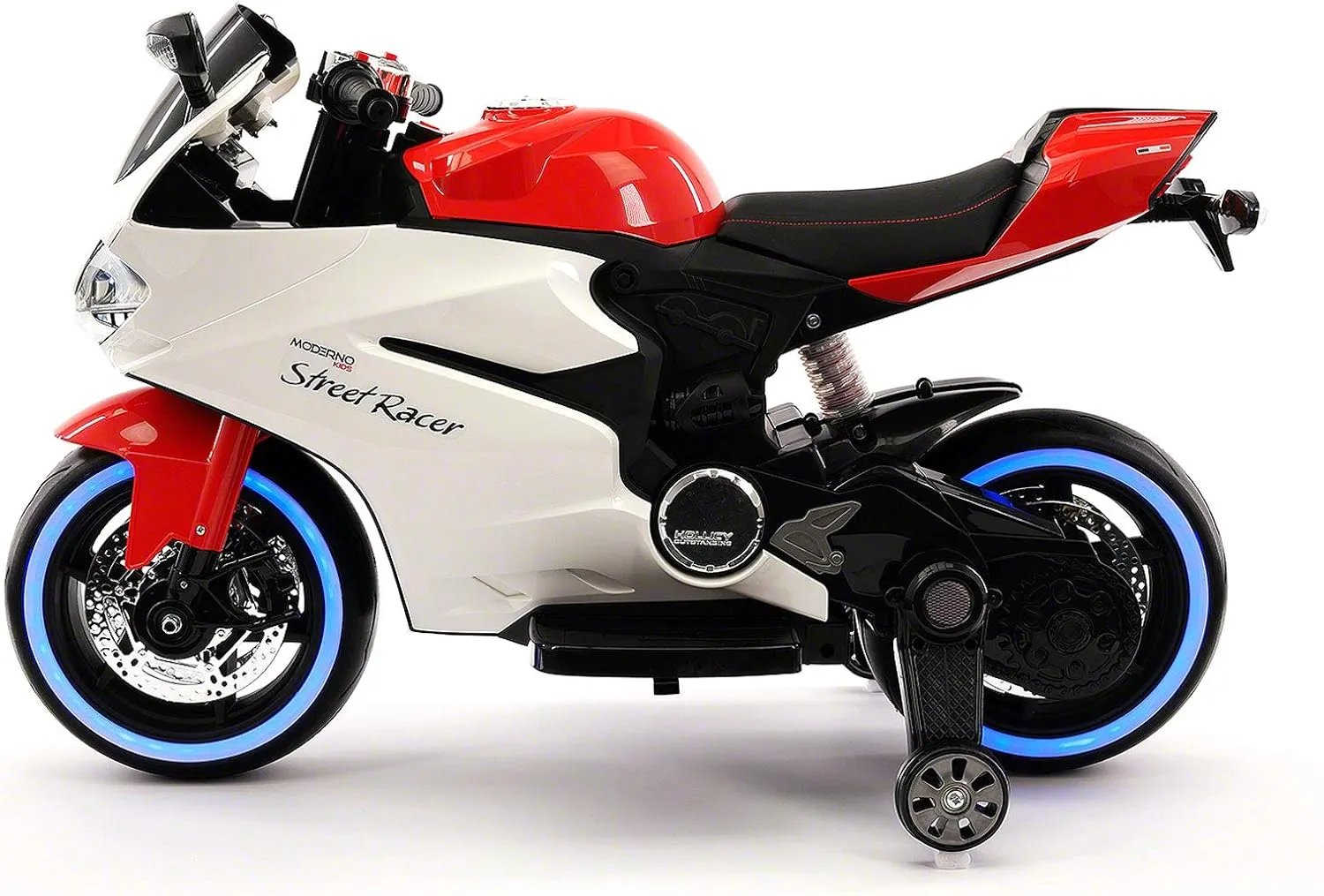 Moderno Kids Street Racer 12V Battery Power Motorized Electric Children Ride-On Motorcycle Bike   EVA Rubber Tires   Leather Seat   MP3 USB Music Player   LED Lights   Training Wheels