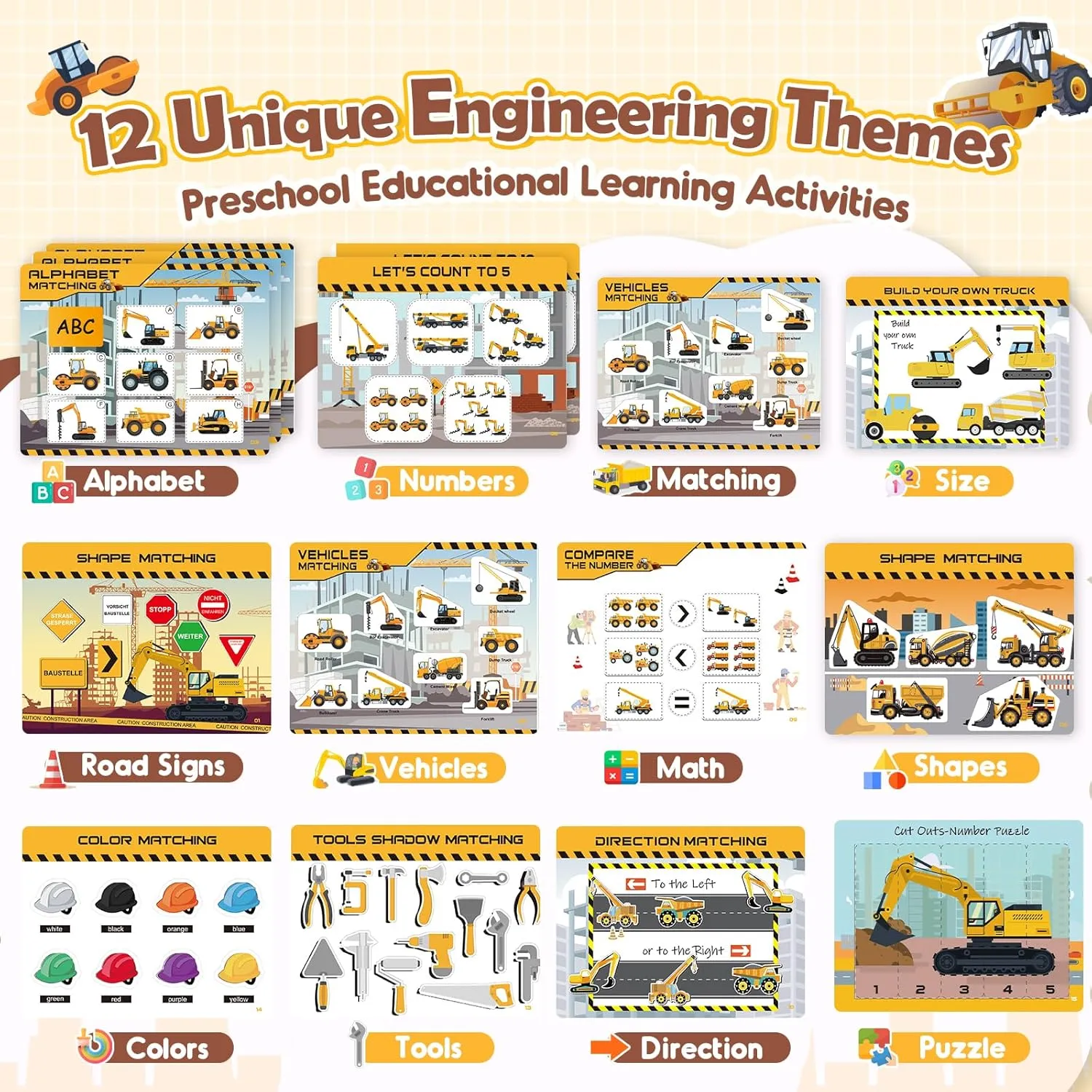 Montessori Busy Book Learning Toys for 2 3 4 5 Year Old Toddlers,Construction Themes Pre K Preschool Learning Activities Workbooks,Autism Sensory Educational Toys Birthday Xmas Gifts for Kids 3-5 4-8