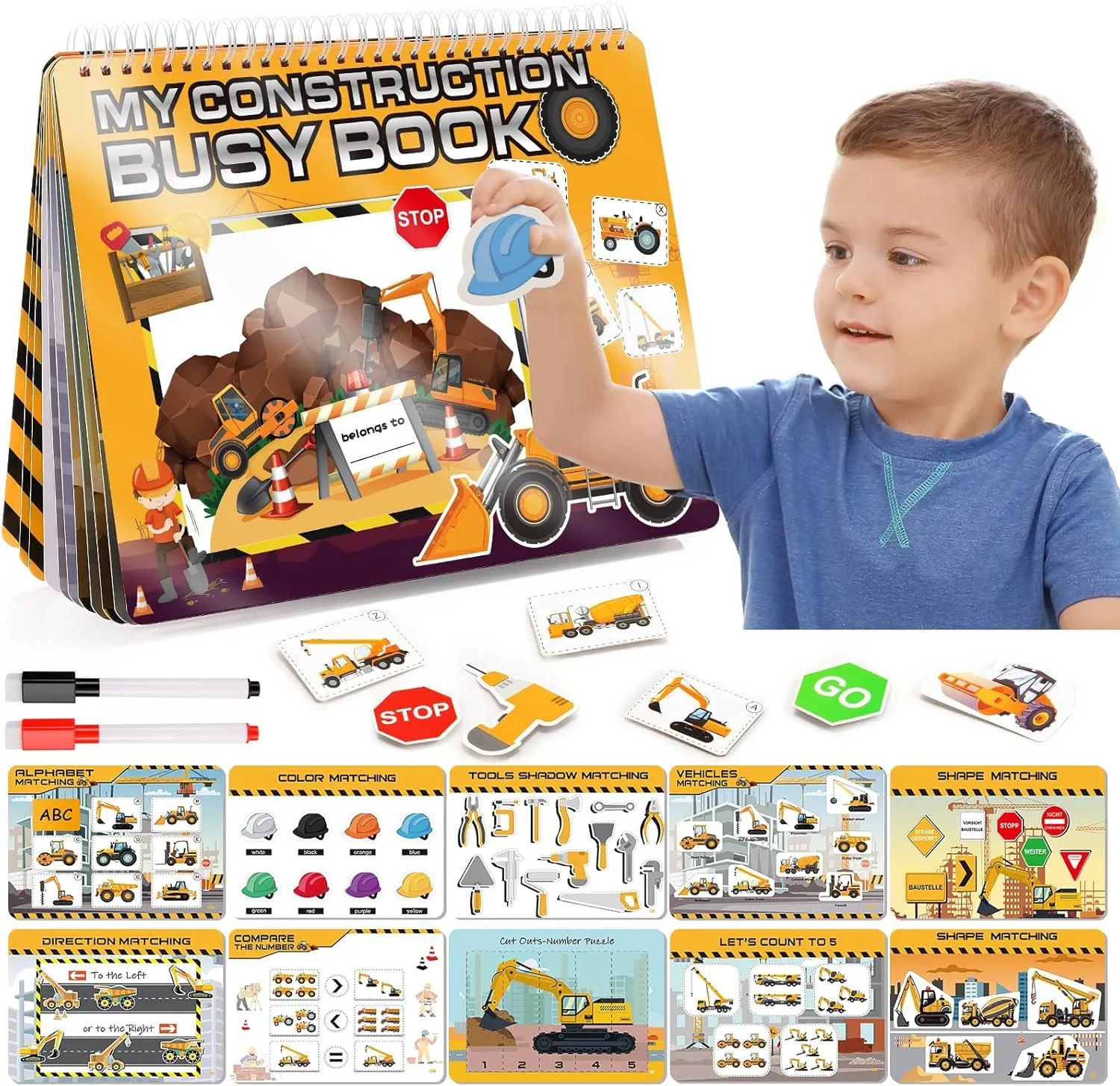 Montessori Busy Book Learning Toys for 2 3 4 5 Year Old Toddlers,Construction Themes Pre K Preschool Learning Activities Workbooks,Autism Sensory Educational Toys Birthday Xmas Gifts for Kids 3-5 4-8