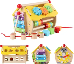 Montessori Busy House Toys, Wooden Busy Board House for Toddlers, Kids Sensory Learning Toy with Xylophone Digital Screws, Fine Motor Skills, Birthday Gifts for Boys and Girls Aged 3 