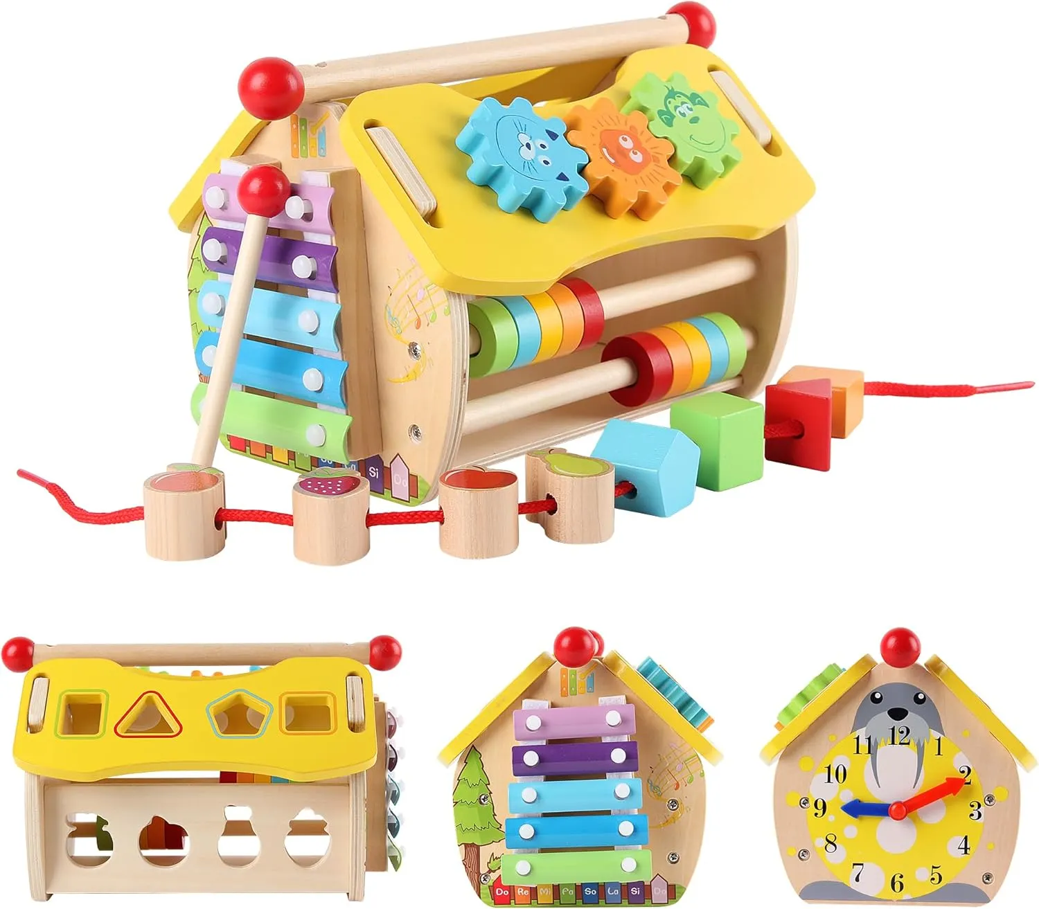 Montessori Busy House Toys, Wooden Busy Board House for Toddlers, Kids Sensory Learning Toy with Xylophone Digital Screws, Fine Motor Skills, Birthday Gifts for Boys and Girls Aged 3 