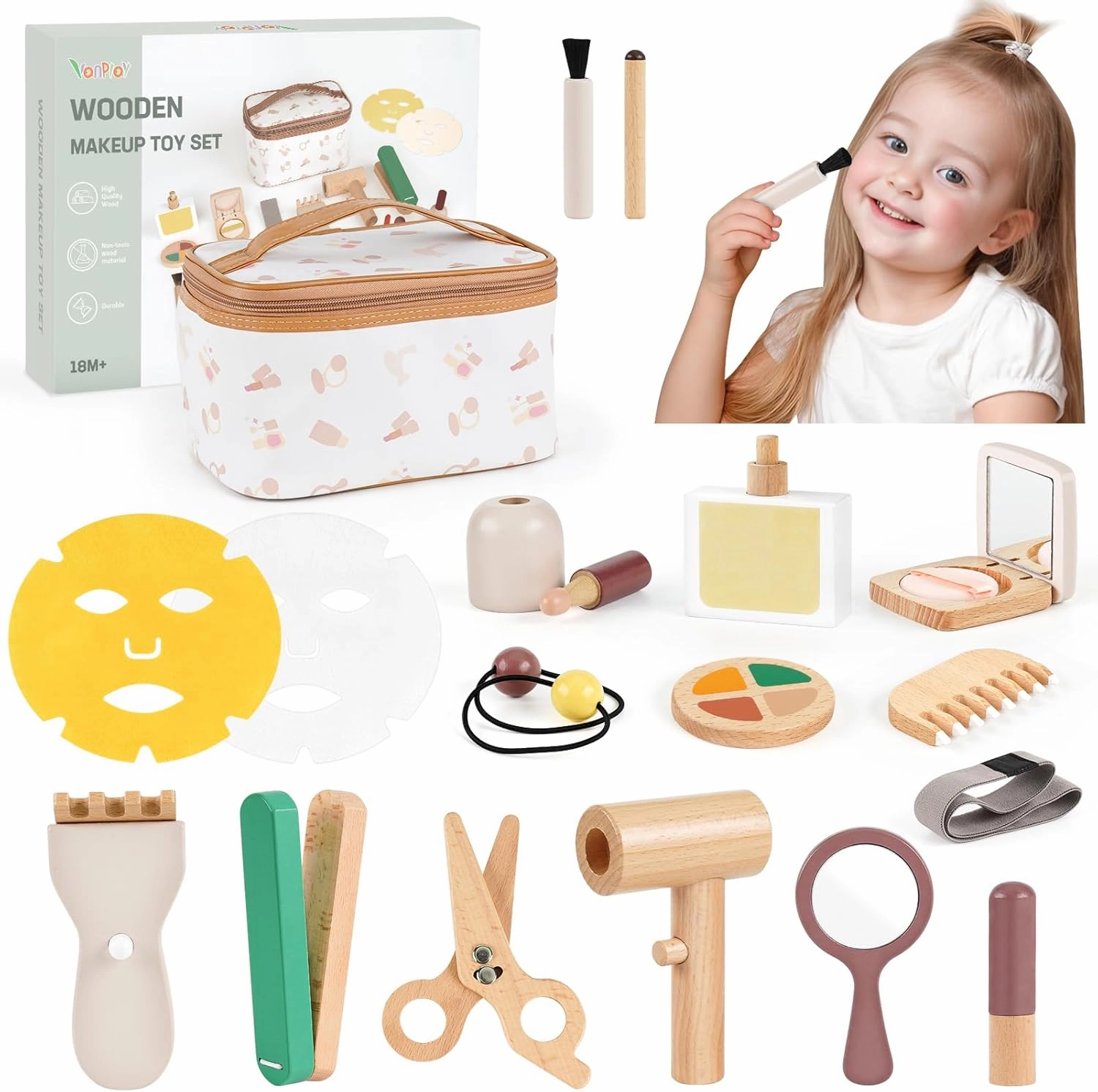 Montessori Makeup Kit - Toys for 2 Year Old Girls Birthday Gifts, Wooden Pretend Play Set for Toddler Girls 2-4 - Beauty & Hair Salon Toys, Christmas & Birthday Gifts for Kids 3-5