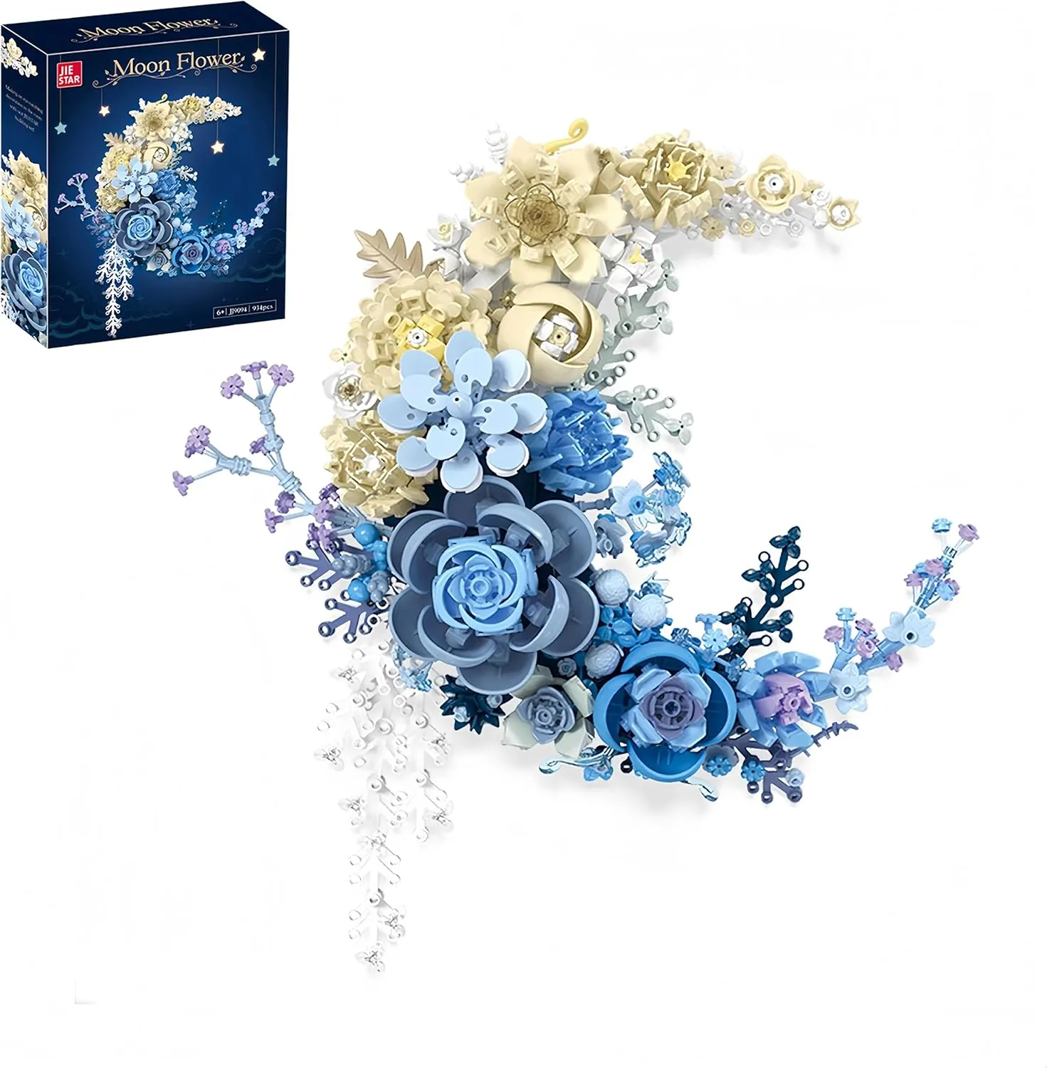 Moon Flower Brick Building Set for Adults - 934pcs Creative Wall Art Block Kit, and Botanical Floral Displays for Home Decor or Wedding Centerpieces (Blue)