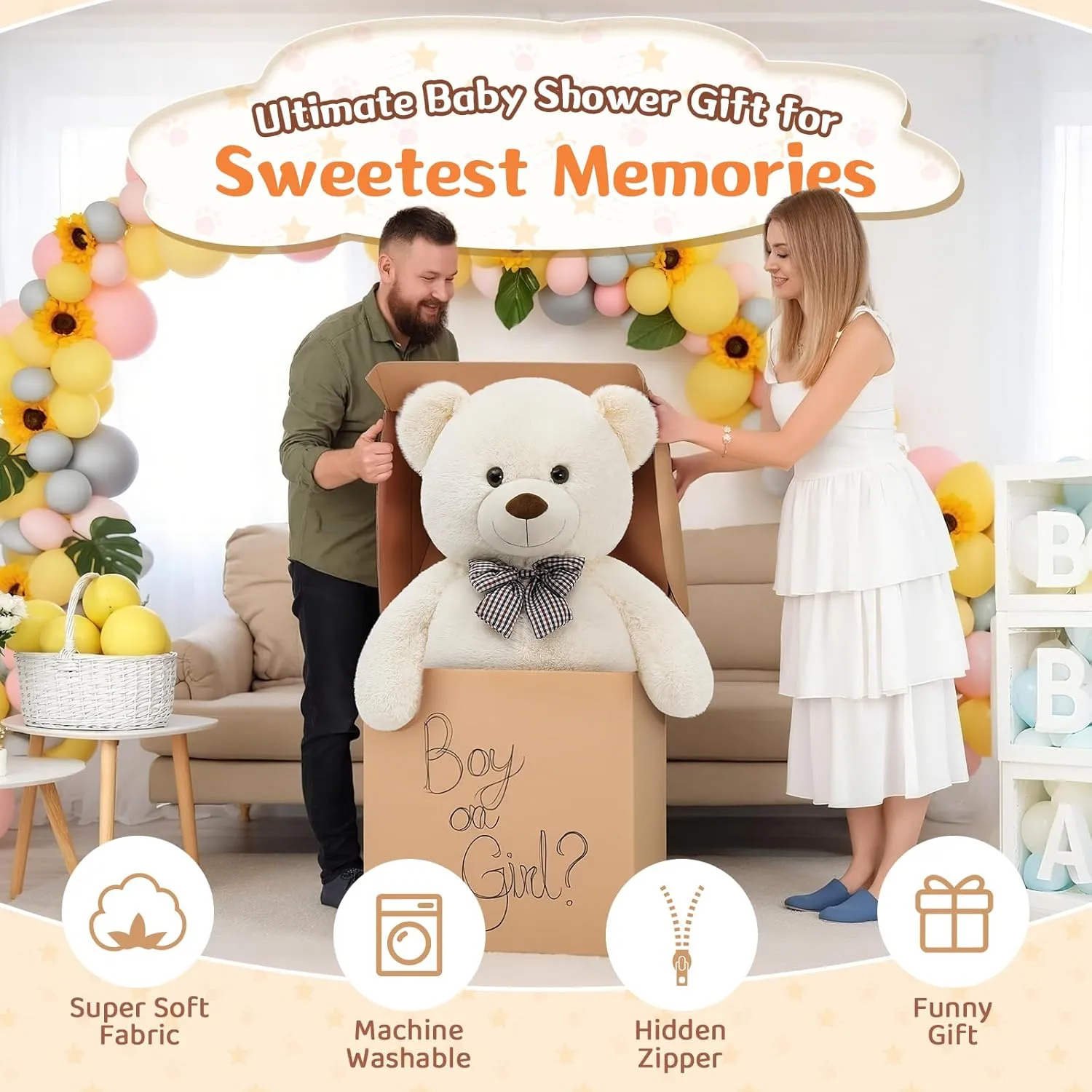 MorisMos Bow Tie Giant Teddy Bear, 55inch Large Big Teddy Bear Plush, Lifesize Stuffed Animals for Girlfriend, Boyfriend, White