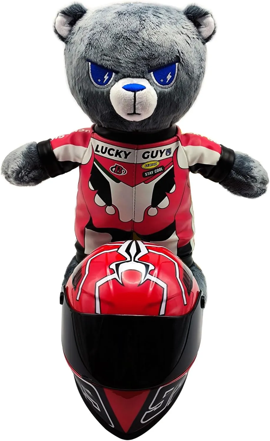 Motorcycle Bear Teddy Bear Doll with Helmet, Racing Bear, Helmet Bear, Blue Lightning Eyes, 12 in Tall, Great Set Gift for Male and Female Motorcyclists