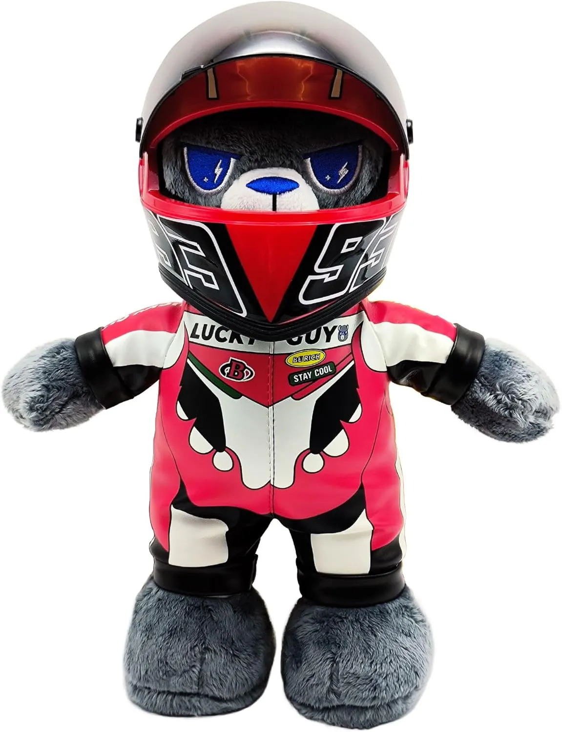 Motorcycle Bear Teddy Bear Doll with Helmet, Racing Bear, Helmet Bear, Blue Lightning Eyes, 12 in Tall, Great Set Gift for Male and Female Motorcyclists