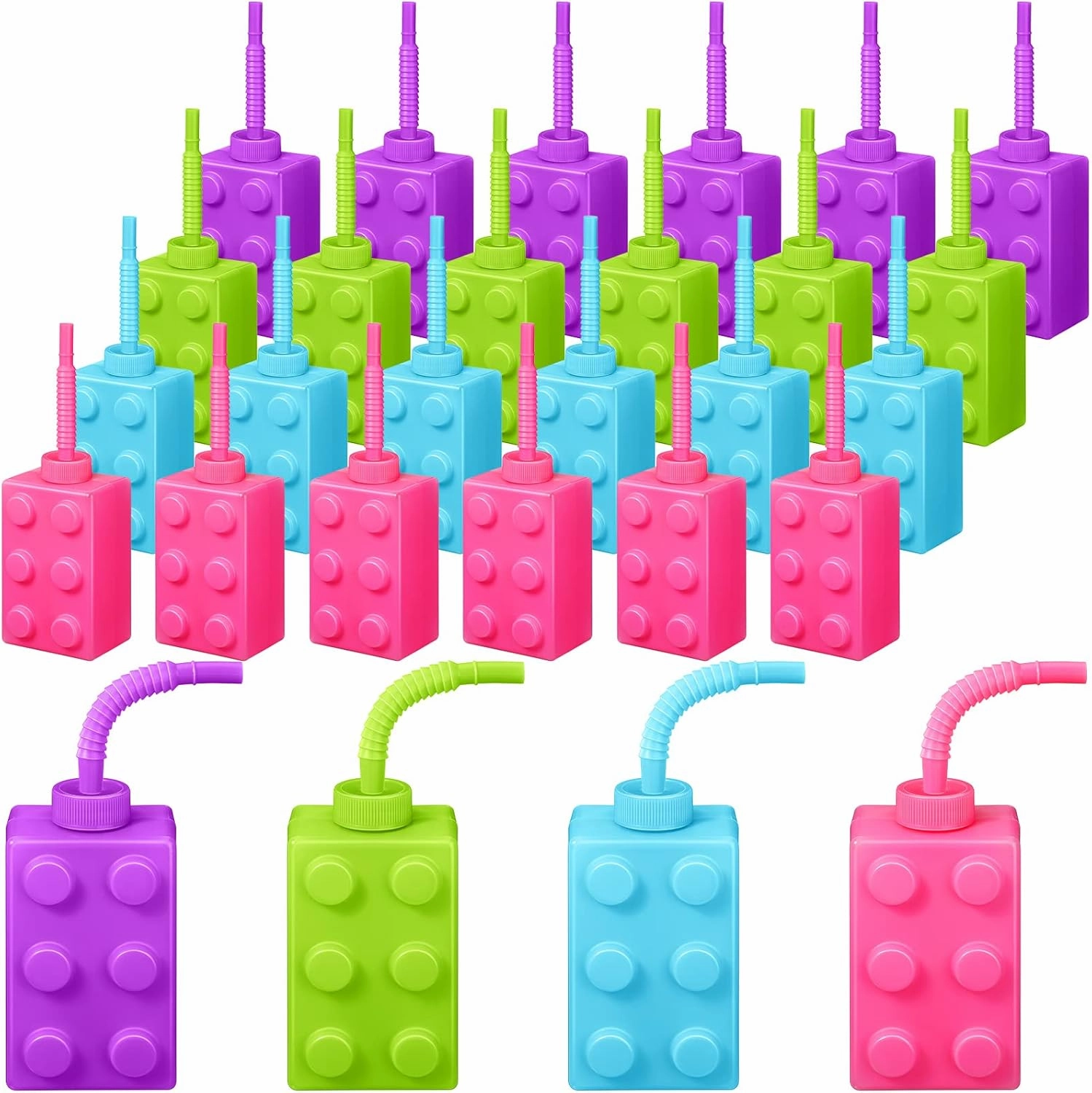 Mumufy Building Blocks Cups with Straw and Lids, 10 oz Reusable Kids Cup Brick Party Plastic Cups for Block Birthday Party Supplies Favors (24 Sets)
