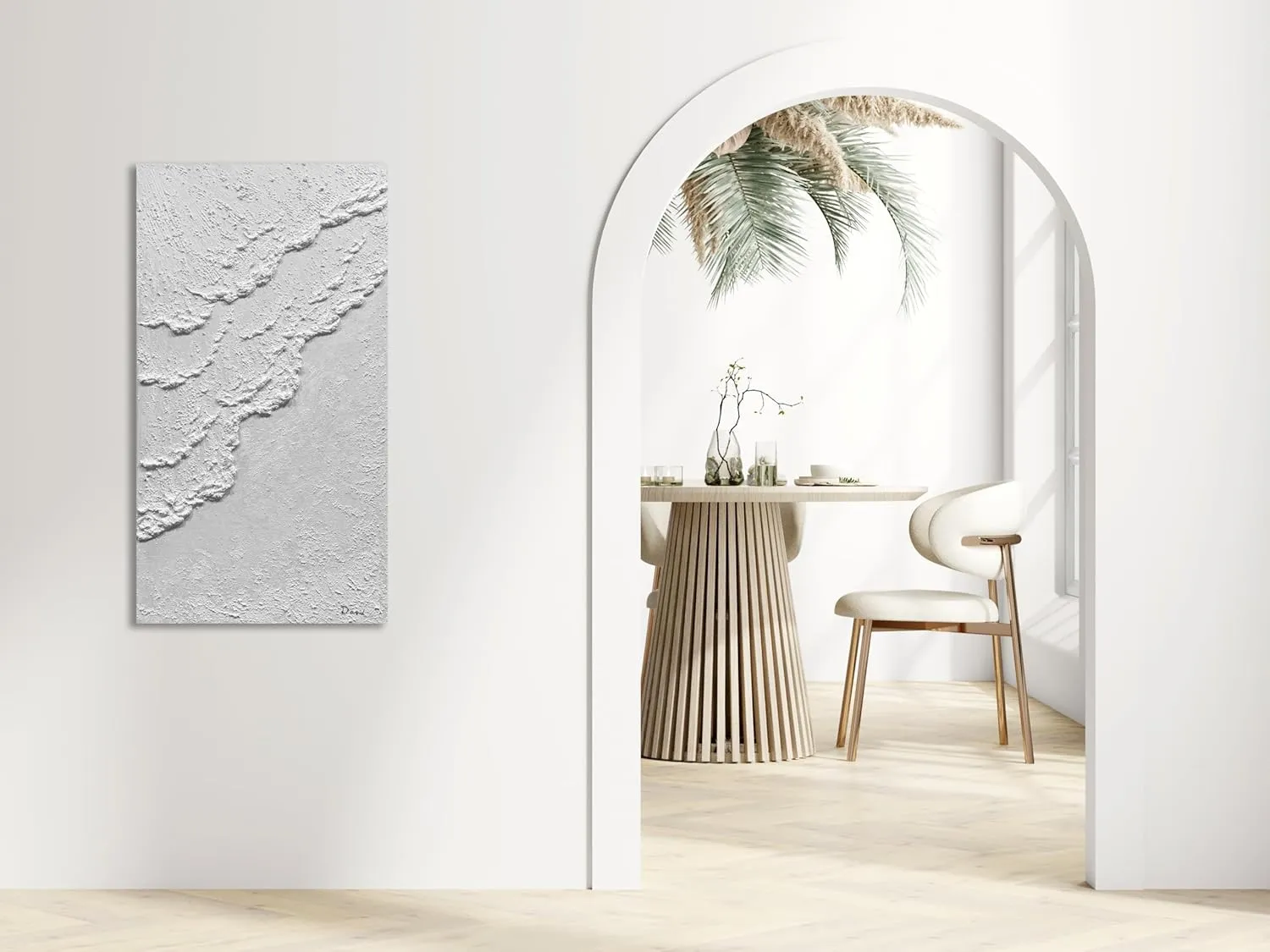 MyArton Hand-Painted Thick Textured White Wall Art Beach Waves Landscape Oil Painting Office Corridor Living Room Wall Decor Art 24x48 inches Framed Ready to Hang Vertical
