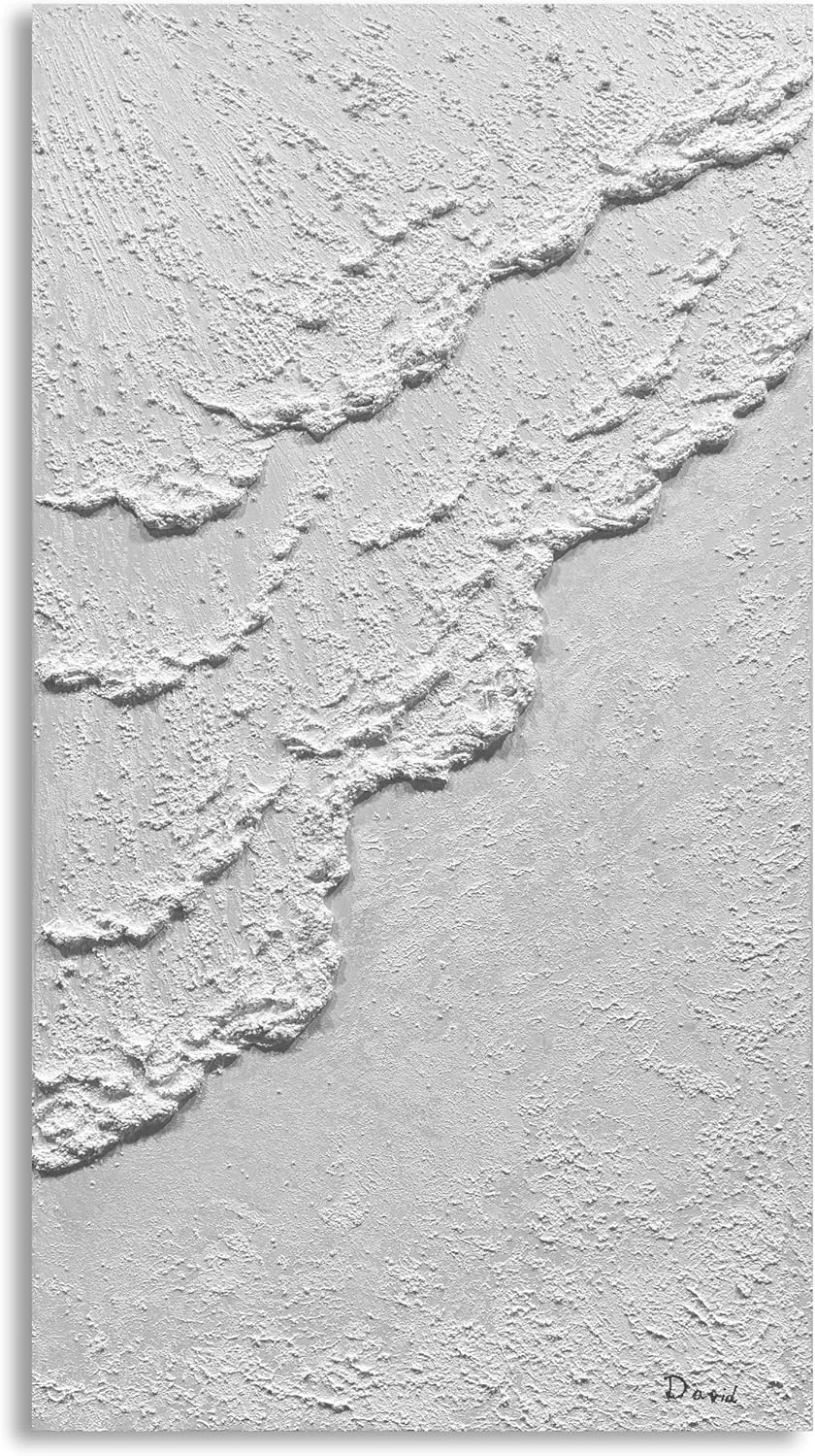 MyArton Hand-Painted Thick Textured White Wall Art Beach Waves Landscape Oil Painting Office Corridor Living Room Wall Decor Art 24x48 inches Framed Ready to Hang Vertical