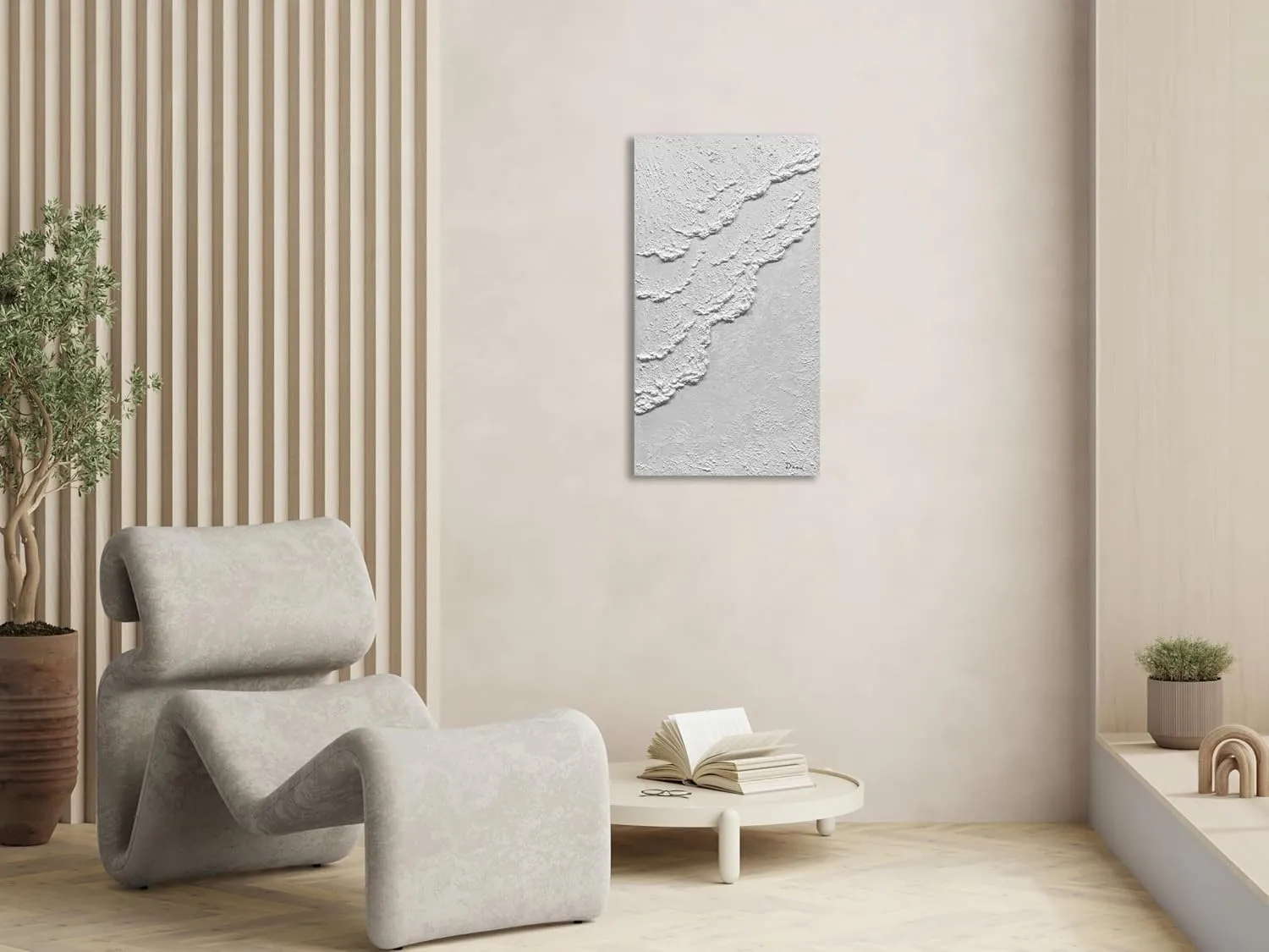 MyArton Hand-Painted Thick Textured White Wall Art Beach Waves Landscape Oil Painting Office Corridor Living Room Wall Decor Art 24x48 inches Framed Ready to Hang Vertical
