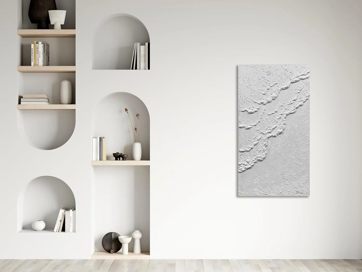 MyArton Hand-Painted Thick Textured White Wall Art Beach Waves Landscape Oil Painting Office Corridor Living Room Wall Decor Art 24x48 inches Framed Ready to Hang Vertical