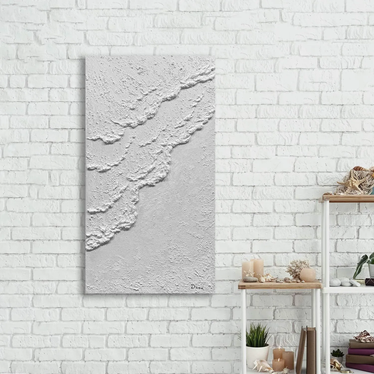MyArton Hand-Painted Thick Textured White Wall Art Beach Waves Landscape Oil Painting Office Corridor Living Room Wall Decor Art 24x48 inches Framed Ready to Hang Vertical