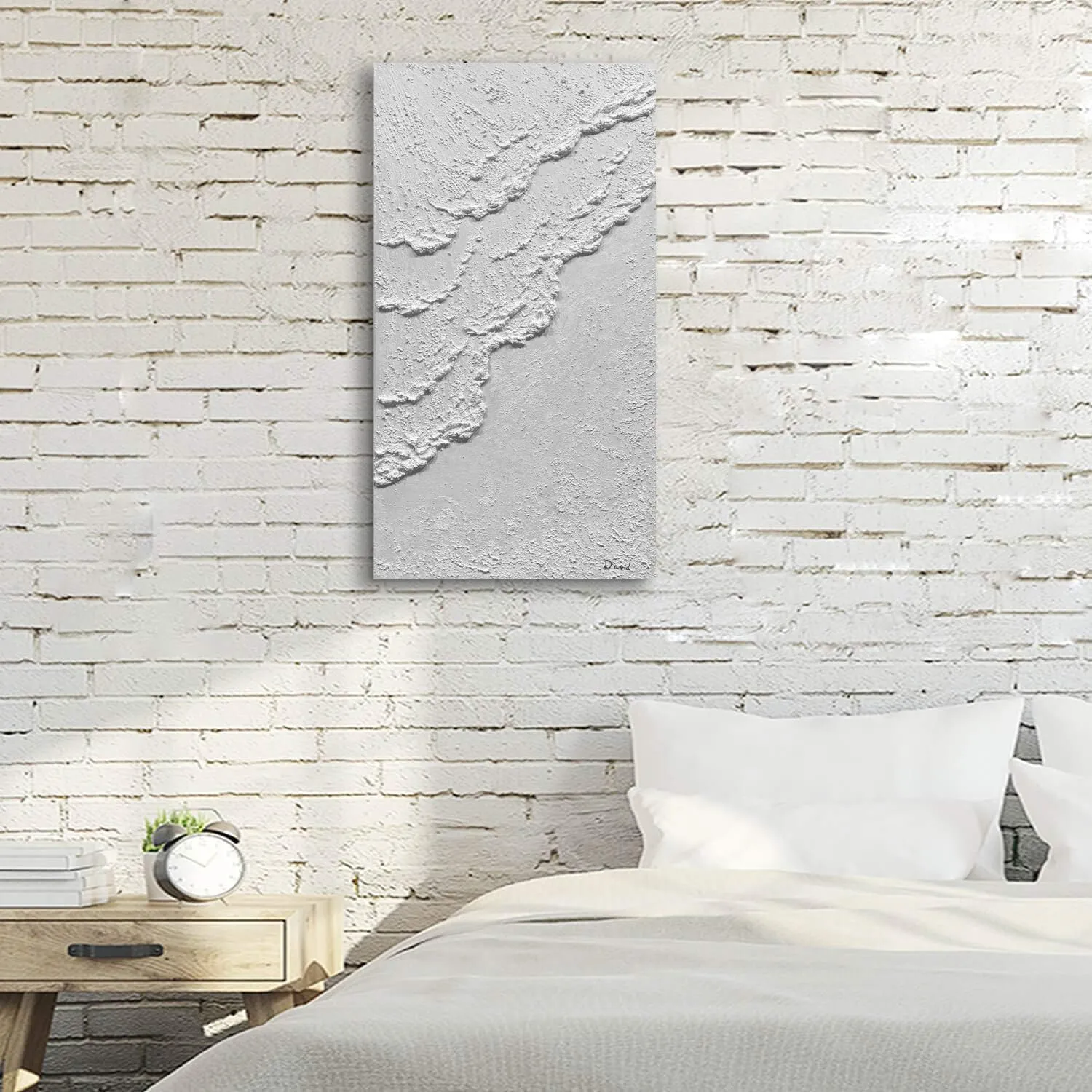 MyArton Hand-Painted Thick Textured White Wall Art Beach Waves Landscape Oil Painting Office Corridor Living Room Wall Decor Art 24x48 inches Framed Ready to Hang Vertical