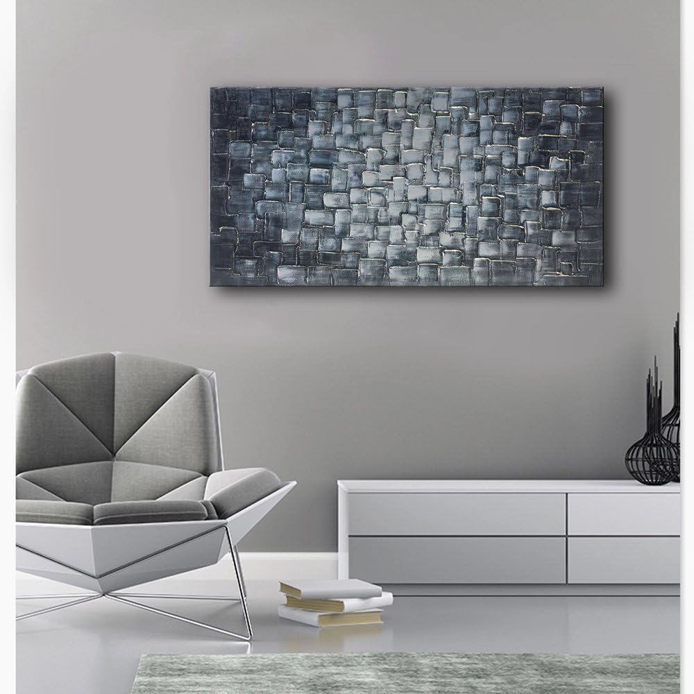 MyArton Textured Abstract Squares Canvas Wall Art Hand Painted Modern Silver Oil Painting for Decoration Ready to Hang 48x24inch