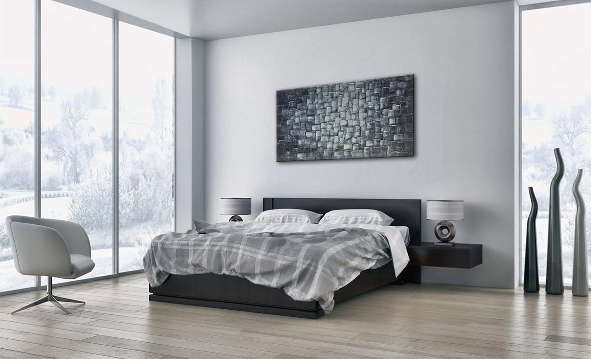 MyArton Textured Abstract Squares Canvas Wall Art Hand Painted Modern Silver Oil Painting for Decoration Ready to Hang 48x24inch