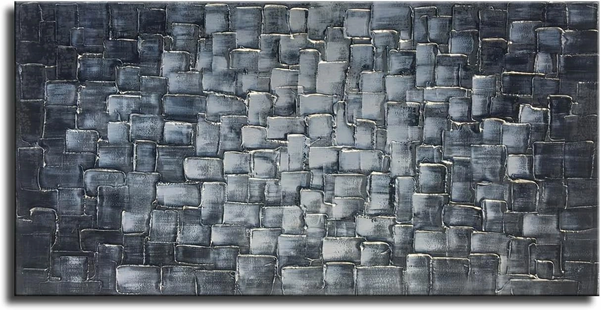 MyArton Textured Abstract Squares Canvas Wall Art Hand Painted Modern Silver Oil Painting for Decoration Ready to Hang 48x24inch