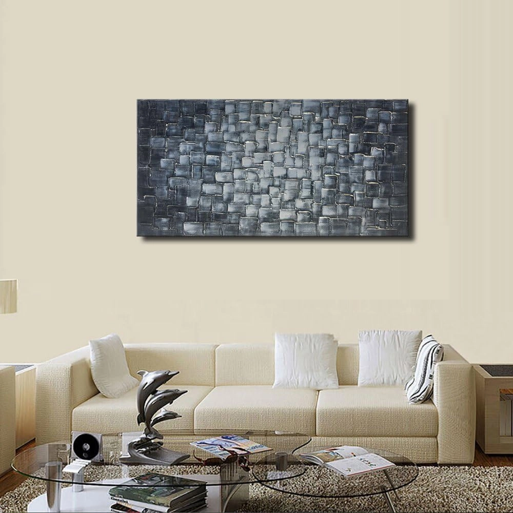 MyArton Textured Abstract Squares Canvas Wall Art Hand Painted Modern Silver Oil Painting for Decoration Ready to Hang 48x24inch