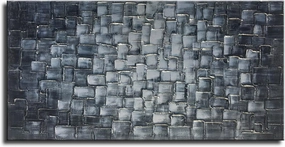 MyArton Textured Abstract Squares Canvas Wall Art Hand Painted Modern Silver Oil Painting for Decoration Ready to Hang 48x24inch