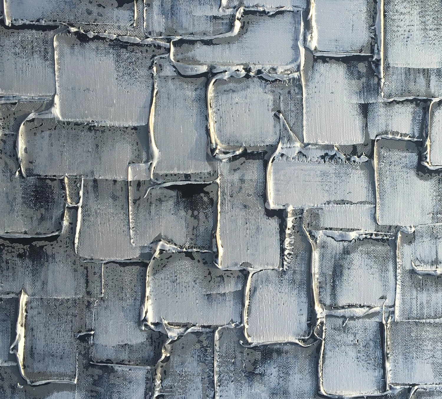 MyArton Textured Abstract Squares Canvas Wall Art Hand Painted Modern Silver Oil Painting for Decoration Ready to Hang 48x24inch