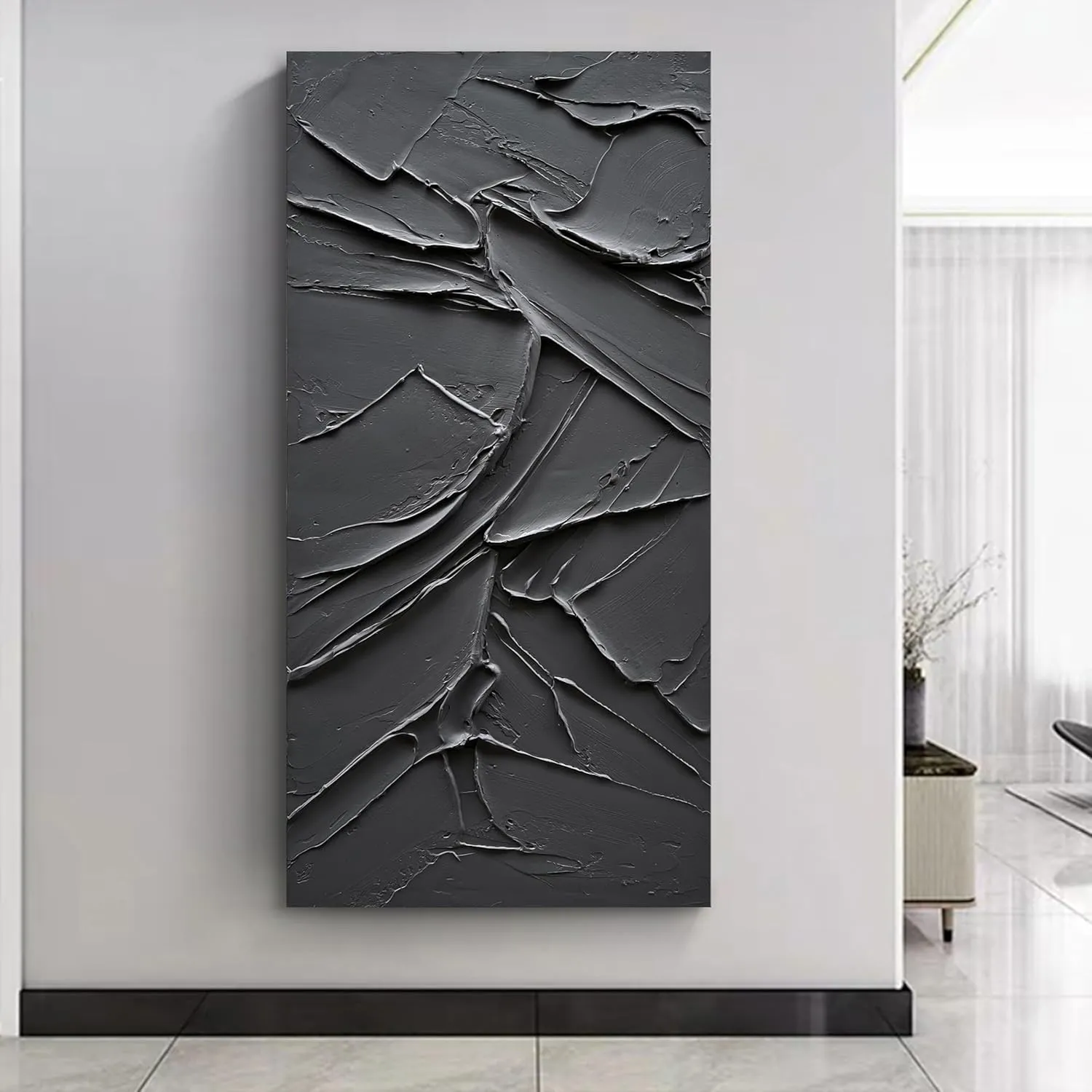 NANKAI Art Hand Painted Black Canvas Wall Art 48x24 inch abstract Modern oil painting Contemporary Textured Wall art Minimalist artwork Home decor
