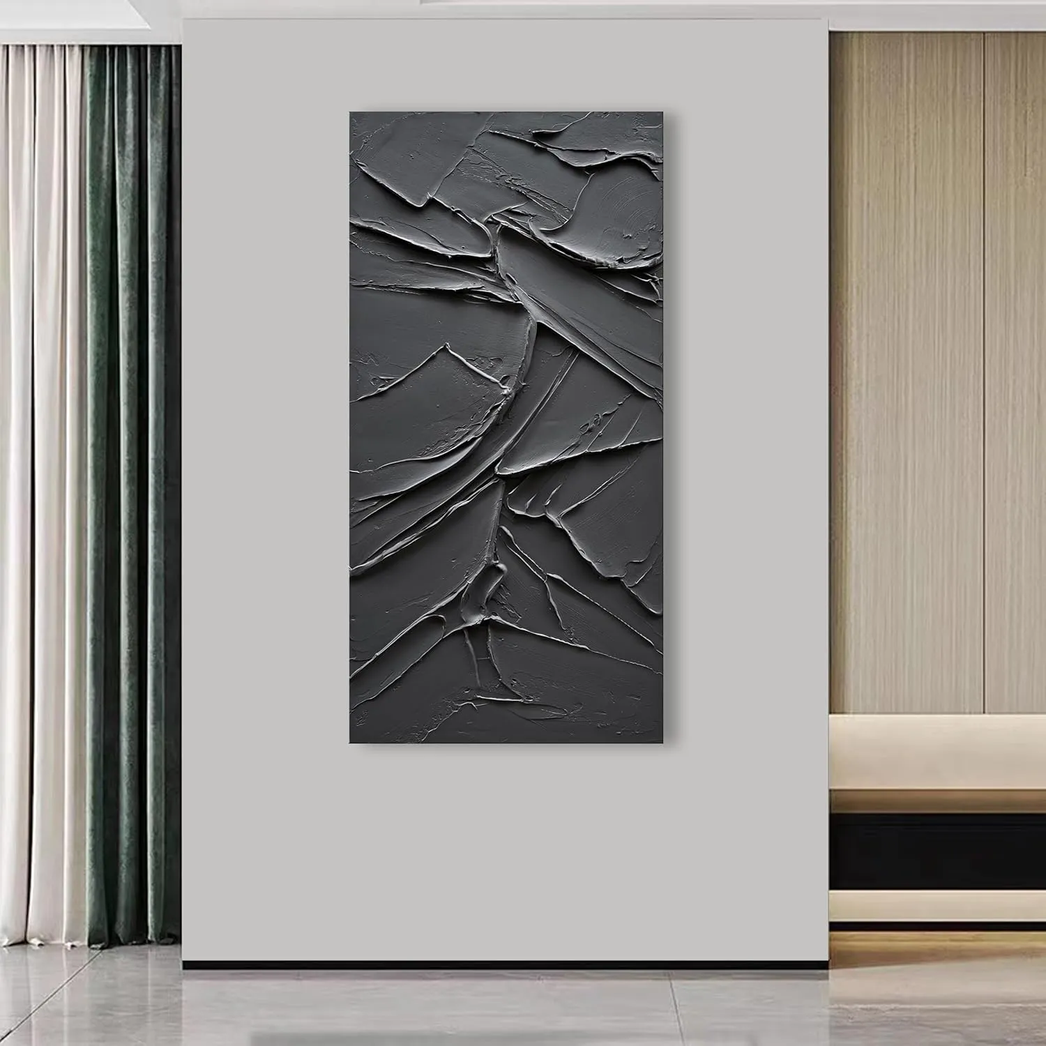 NANKAI Art Hand Painted Black Canvas Wall Art 48x24 inch abstract Modern oil painting Contemporary Textured Wall art Minimalist artwork Home decor