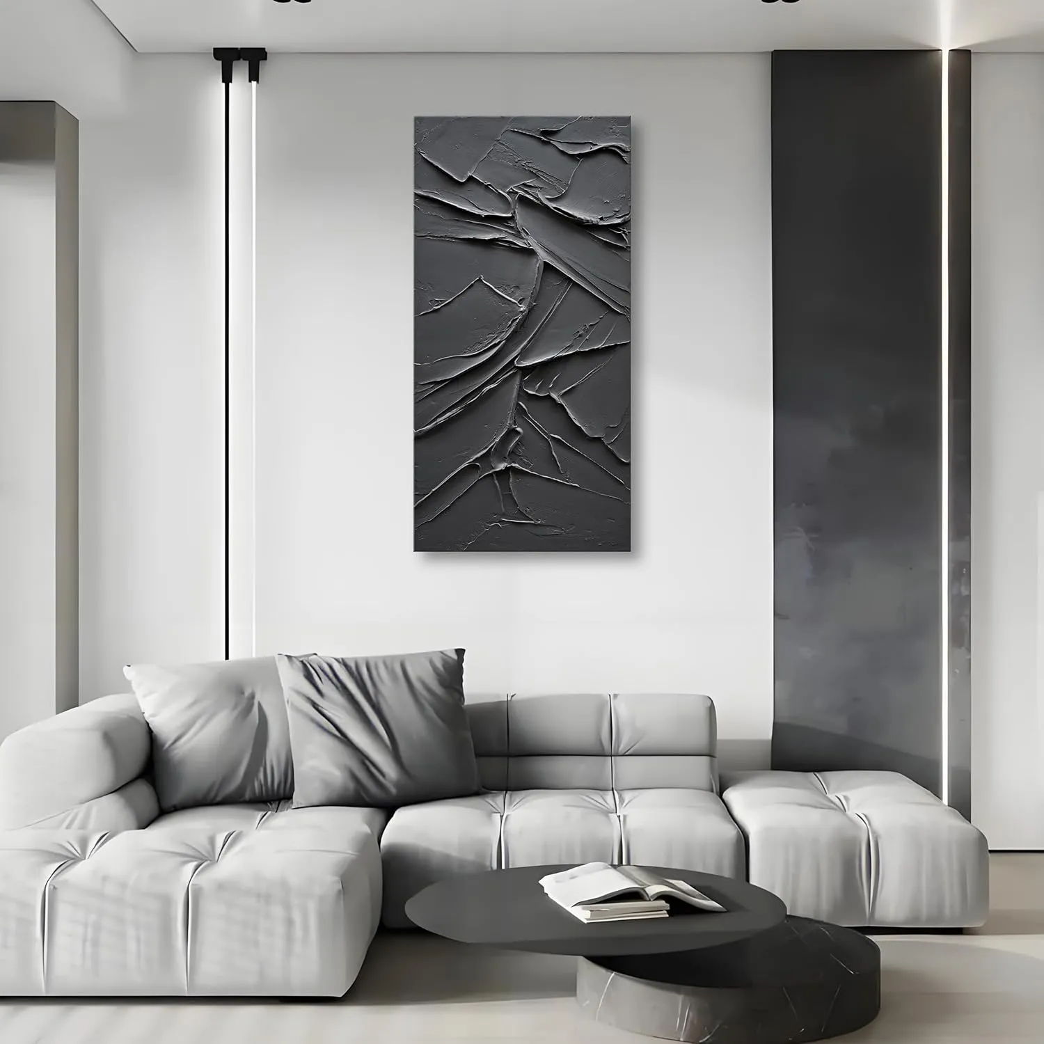 NANKAI Art Hand Painted Black Canvas Wall Art 48x24 inch abstract Modern oil painting Contemporary Textured Wall art Minimalist artwork Home decor