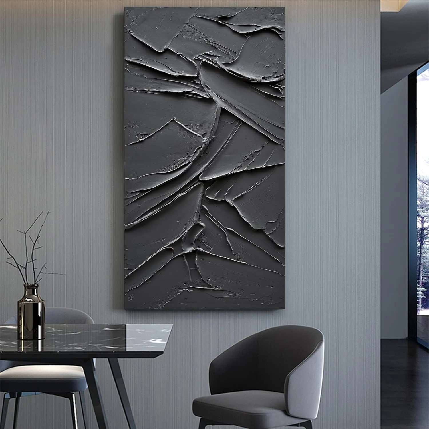 NANKAI Art Hand Painted Black Canvas Wall Art 48x24 inch abstract Modern oil painting Contemporary Textured Wall art Minimalist artwork Home decor