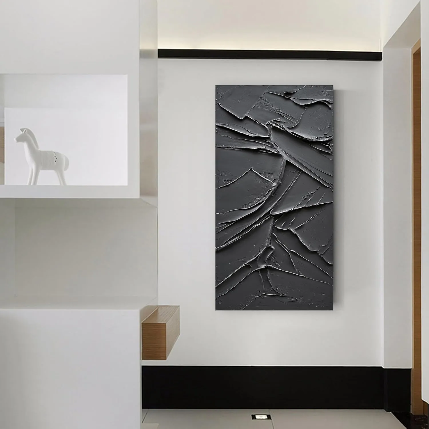 NANKAI Art Hand Painted Black Canvas Wall Art 48x24 inch abstract Modern oil painting Contemporary Textured Wall art Minimalist artwork Home decor