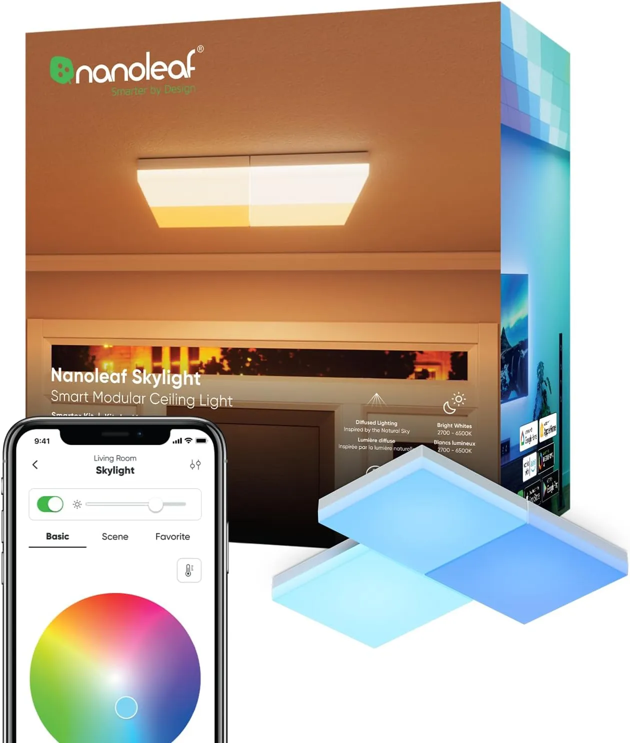 Nanoleaf Smart Ceiling Light, RGBCW LED Ceiling Lights Work with Alexa, Flush Mount Light Fixture with 16M  Colours & Dynamic Scenes, 2700K-6500K Dimmable, Music Sync, Skylight 3PK