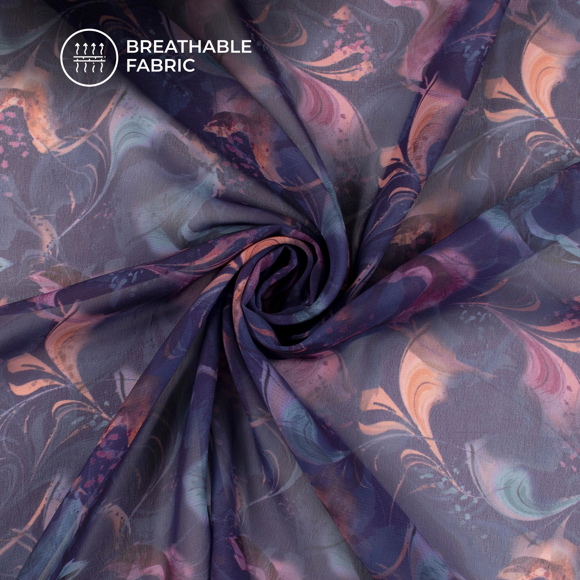 Navy Blue Floral Digital Print Lightweight Georgette Fabric