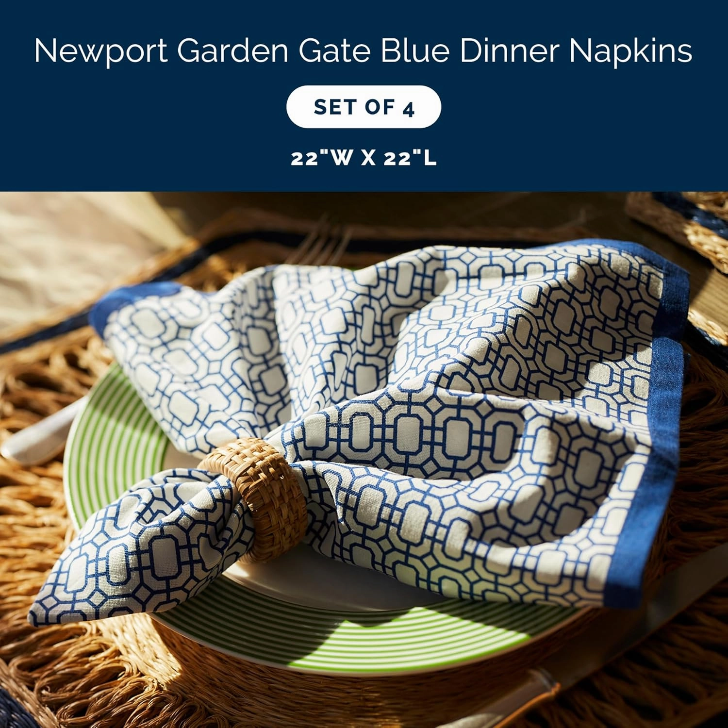 Newport Blue Dinner Napkins Set of 4 | 100% Cotton Cloth Set for Entertaining or Everyday Table | Perfect for Wedding, Birthday, Christmas Blue and White, 22 Inch Square