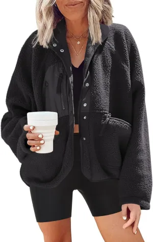 Nirovien Womens Fuzzy Fleece Jacket Button Down Sherpa Coats Casual Winter Warm Outwear with Pockets