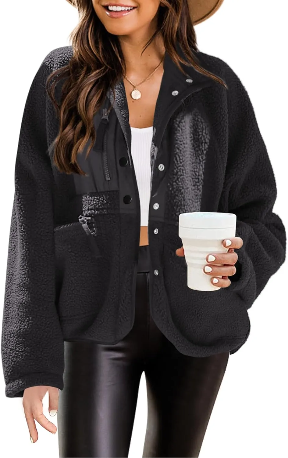 Nirovien Womens Fuzzy Fleece Jacket Button Down Sherpa Coats Casual Winter Warm Outwear with Pockets