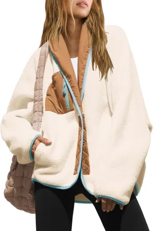 Nirovien Womens Fuzzy Fleece Jacket Colorblock Sherpa Coats Shawl Collar Button Down Warm Outwear with Pockets