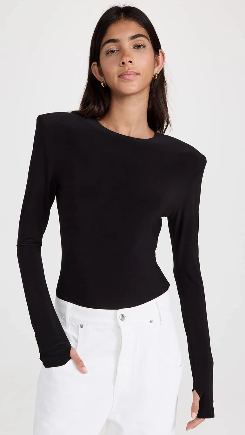Norma Kamali Women's Shoulder Pad Long Sleeve Crew Top