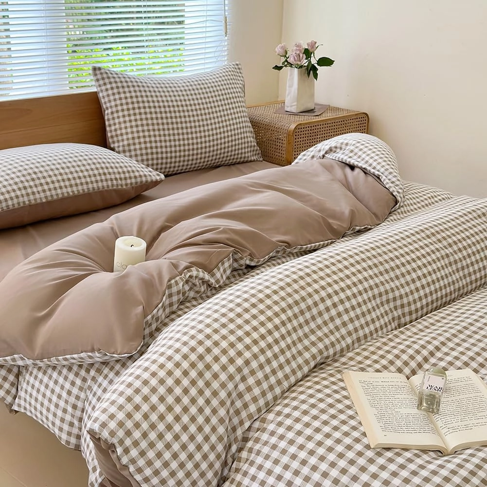 NSNLGSGC Twin Grid Gingham Duvet Cover Set Tan - Washed Soft Comforter Cover Set Brown Lightweight Bedding Set (2PCS, Twin)