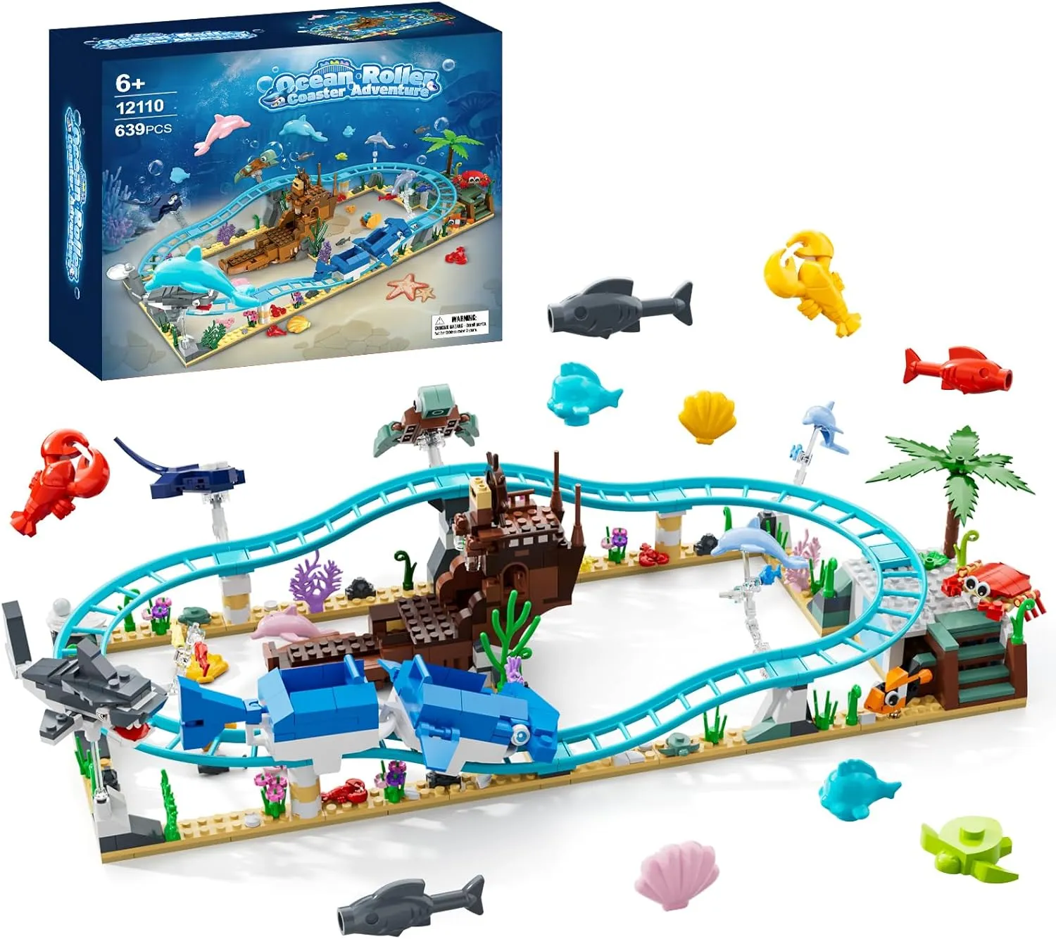 Ocean Roller Coaster, Explorer Ship Building Toy Set, Deep Sea Boat Creatures, Sea Animal Toys Gifts for 6 7 8 9 10 11 12  Year Old Girls Boys with Transforms from Shark,Dolphin Turtle,Fish