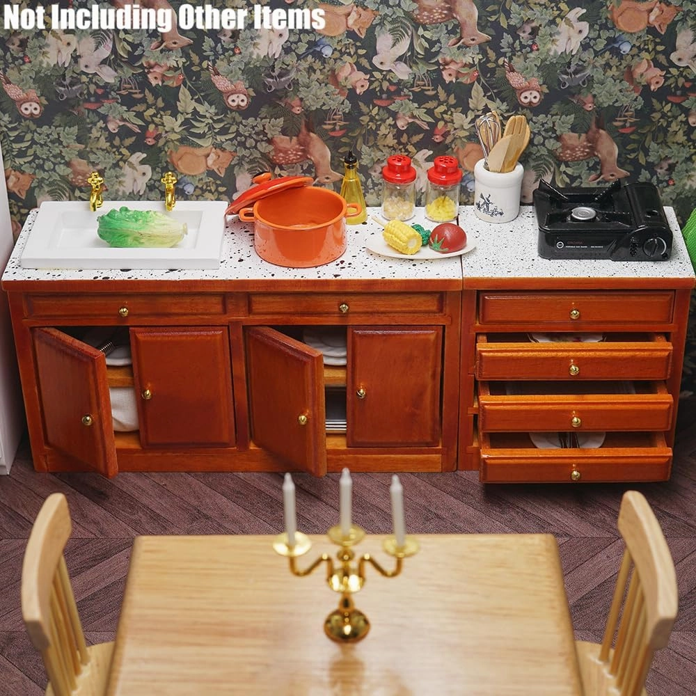 Odoria Dollhouse Kitchen Island Miniature : 1/12 Scale Table with Washbasin Drawer for Restaurant Bathroom Antique - Mini Wood Furniture Brown 2Pcs