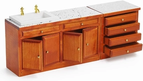 Odoria Dollhouse Kitchen Island Miniature : 1/12 Scale Table with Washbasin Drawer for Restaurant Bathroom Antique - Mini Wood Furniture Brown 2Pcs