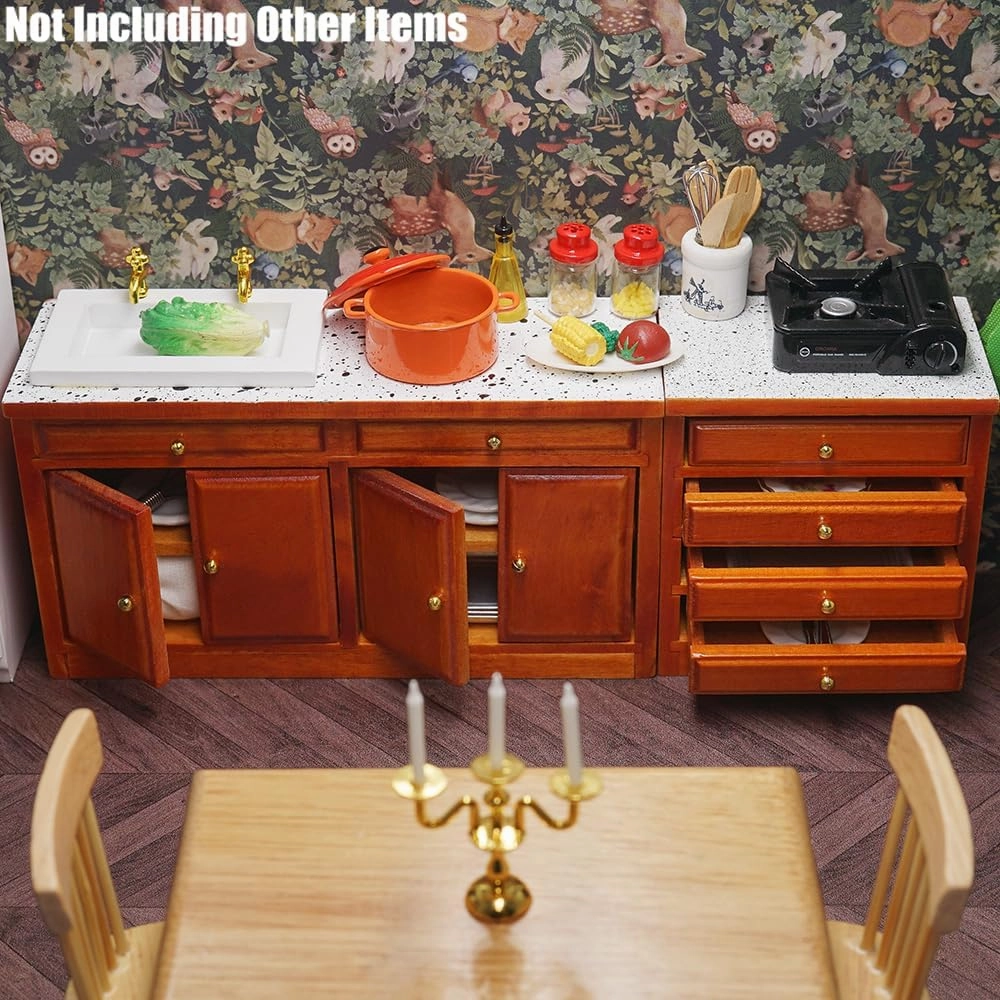 Odoria Dollhouse Sink Cabinet Miniature: 1/12 Scale Kitchen Island with Washbasin for Restaurant Bathroom Pantry - Mini Wood Counter Antique Brown Furniture