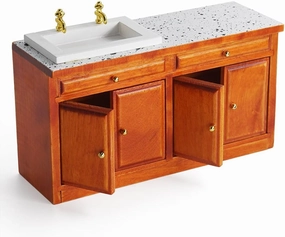 Odoria Dollhouse Sink Cabinet Miniature: 1/12 Scale Kitchen Island with Washbasin for Restaurant Bathroom Pantry - Mini Wood Counter Antique Brown Furniture